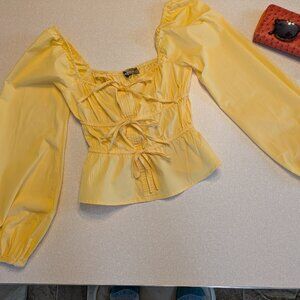 4SI3NNA Cinched Tie Front Yellow Cotton Puff Sleeve Square Neck Peasant Top -EUC
